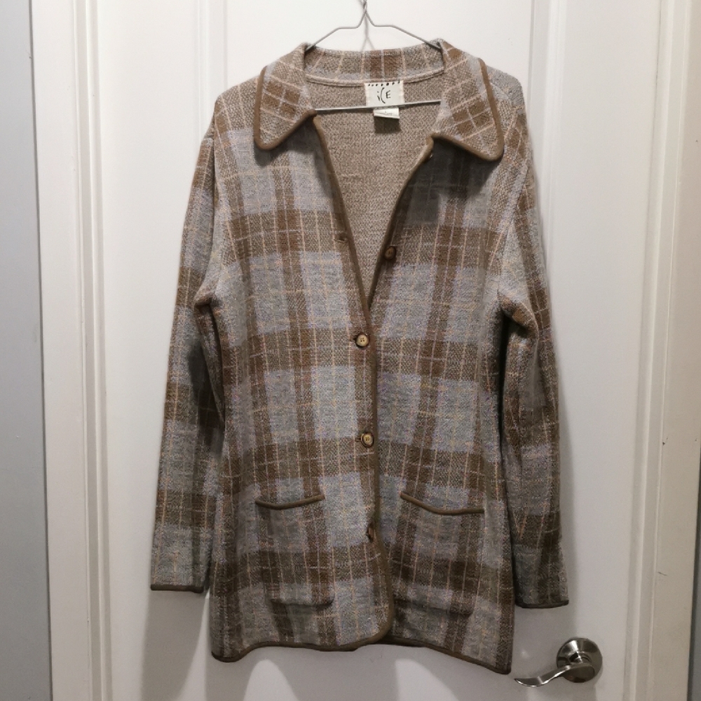 Ice Vintage 100% wool Checkered Sweater Jacket - Brown and‎ Gray